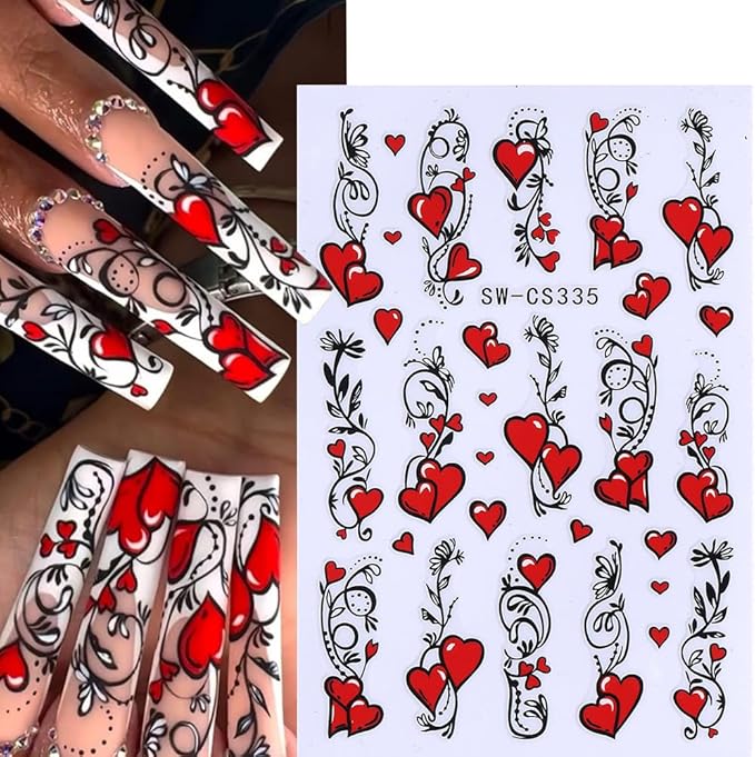 Valentines Nail Art Stickers Decals 12PCS Romantic Heart Bow Nail Decals 3D Self Adhesive Red Pink Colorful Cherry Lips Line Nail Art Design Valentine Manicure Decoration Sticker for Women
