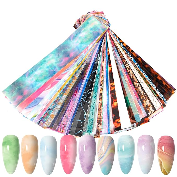 WOKOTO 300 Sheets Nail Transfer Foil Art Kit, Marble Gradient Leopard Nail Art Foils Stickers for Nails, Gel Nail Transfer Stickers Decals Wraps Nail Polish Foil Sheets Set