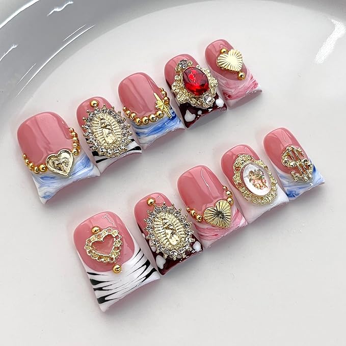 Handmade French Tip Press on Nails Short Duck 3D Thick Acrylic Nails Baroque False Nails with Rhinestones Oil Painting Designs Luxury Royal Fake Nail Sturdy Art Press on Nail 10Pcs(S)