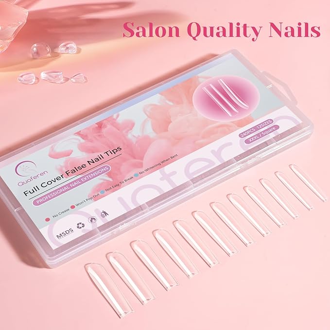 Clear Long Square Nail Tips: XXXL Extra Long Straight Tips Square for Acrylic Nails - Full Cover C Curve Acrylic Gel Nail Tips for Salon DIY Home Salon 240Pcs 12 Sizes