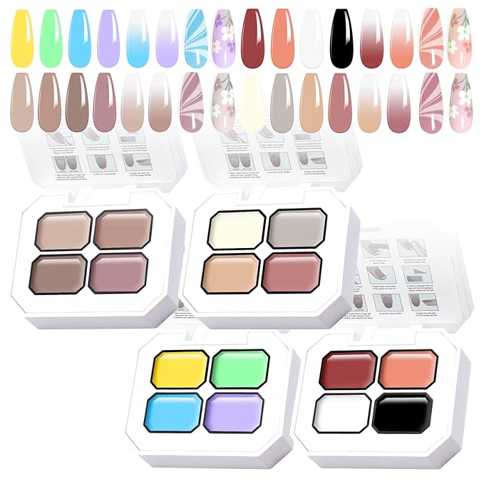 Gradient Gel Nail Set,16 Bright Color for Ombre Almond Nude White＆Black Color for Ombre Nail Polish Platte Kit, Pat Painting Gel French Nail Manicure No-wipe DIY Art Home Salon