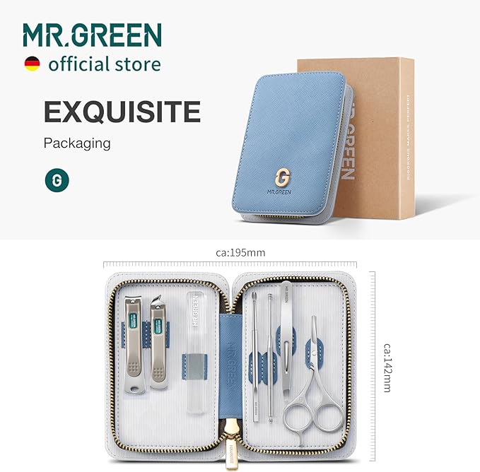 MR.GREEN Fashion Imprint Manicure Sets Professional Nail Clipper Set Personal Care Tool Kits Nial Cutter Gift with Leather Case (Blue(7Pcs Set))