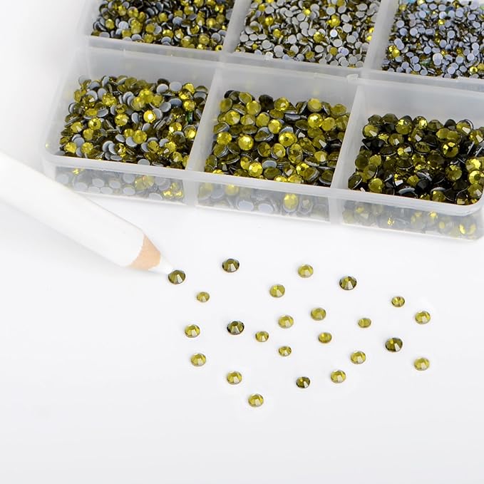 Bymitel Hotfix Crystal Rhinestones Round Gems for Crafts,Mixed 6 Sizes with Wax Pencil Kit, Olivine 1.3-3.2mm(SS3-SS12/8000pcs)