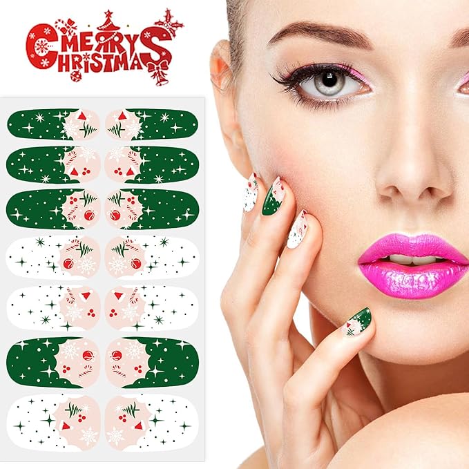 JERCLITY 224 Pieces 16 Sheets Christmas Nail Polish Strips Christmas Nail Wraps for Short Nails Christmas Tree Snowflake Snowman Gel Nail Strips Self-Adhesive Nail Stickers Full Nail Wraps for Women
