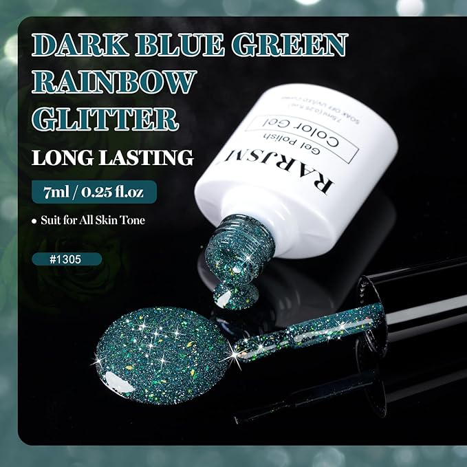RARJSM Dark Blue Reflective Glitter Gel Nail Polish Holographic Rainbow Iridescent Sparkle Flash Diamond Shimmer LED UV Soak Off Gelpolish Nail Art Manicure Salon DIY at Home 1pcs 7.5ml