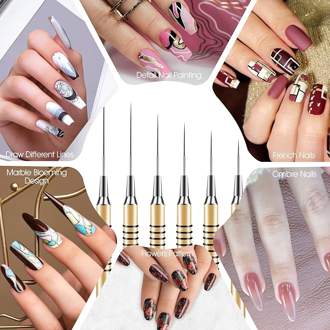 Metallic Nail Art Brushes 6 Pcs Non Slip Liner Brushes Set UV Gel Polish Painting Art Design Pen Silver Color Nail Tools for Long Lines Thin Details Fine Drawing Sizes 5/7/9/11/20/25mm (Gold)