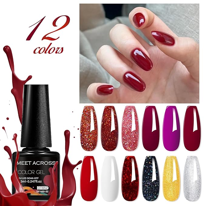 MEET ACROSS 12pcs Gel Nail Polish Set,Soak Off UV LED Lamp Gel Nail Polish Kit,Fashion Shimmer Nail Art Design Gifts for Women Manicure Salon (Red-1)