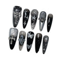 Black Press on Nails with 3D Floral Carving, Skull & Cross Charms, Long Stiletto Glossy Punk Fake Nails, Reusable Edgy Gothic False Nails for Women Concert Night Party (Size M)