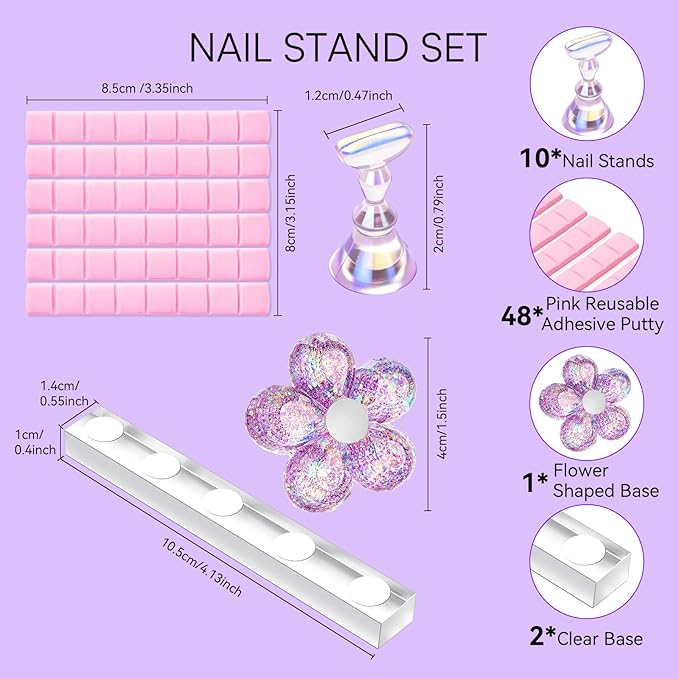 Makartt Nail Stand: Purple Nail Holder for Painting Nails DIY, Magnetic Press on Stand for Art Display Practice, Purple Glitter Flower Fake Holder for Home Salon with Reusable Adhesive Putty