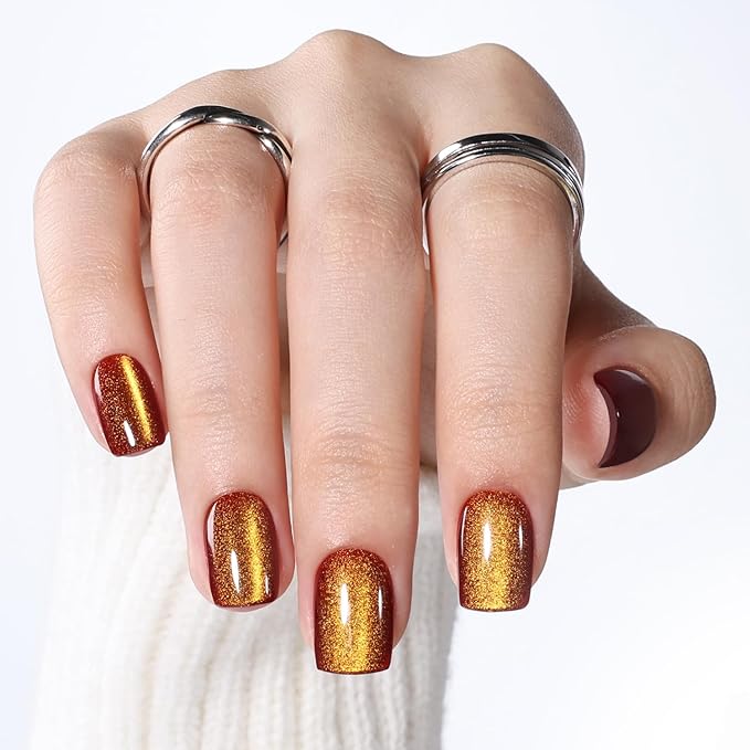 Brown Cat Eye Press On Nails - Short Square Press on Nails Press Ons for Women, Reusable Glossy Fake Nails Kit with Glue DIY Nails Short in 15 Sizes - 30pcs, Amber Mocha