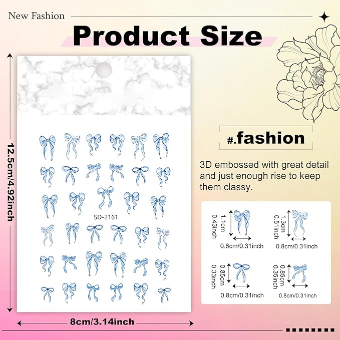 12 Sheets Bow Nail Sticker 3D Embossed Self-Adhesive Color Bow Art Nails Decals 5D Design Stickers Supplies for Women Girls Manicure Decoration 931-12