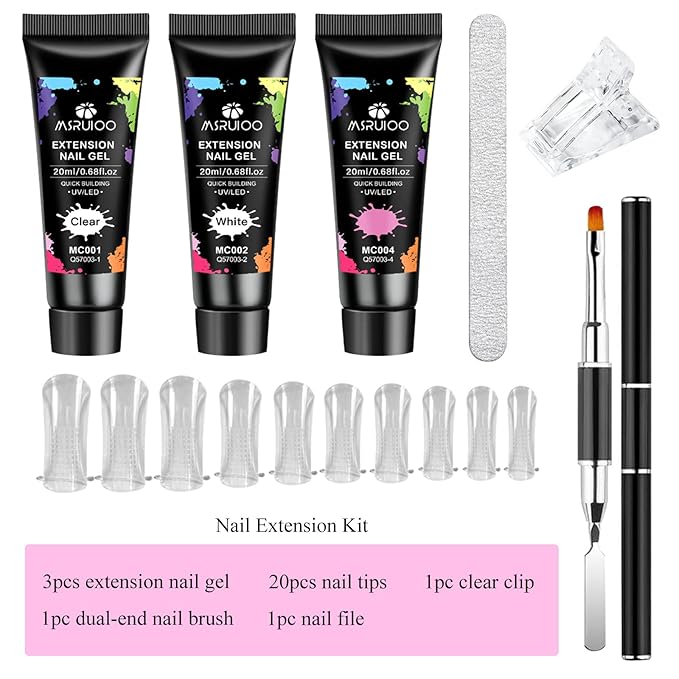 Poly Extension Gel Nail Kit, Clear White Pink Builder Nail Starter Kit with Dual Nail Forms, Nail Clips for Poly Gel, Home Manicure Set