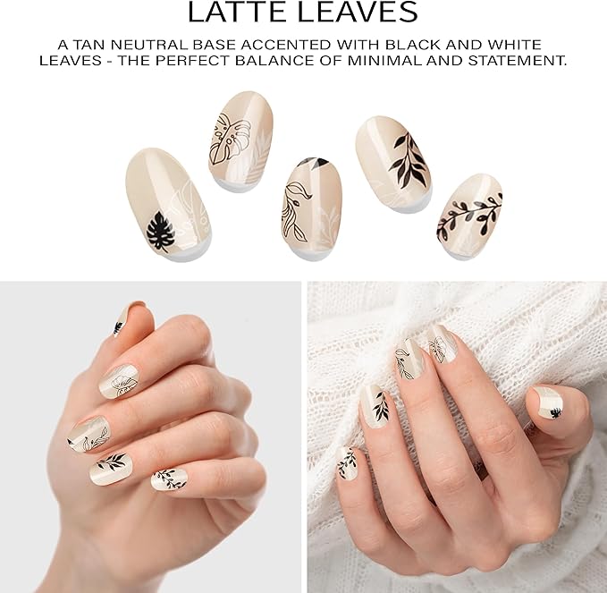 Semi-Cured Gel Nail Strips - 20 Salon-Quality Gel Sticker with UV Light Required, Long Lasting, Easy Application & Removal, Includes Prep Pad, Nail File, Wooden Stick (Latte Leaves)