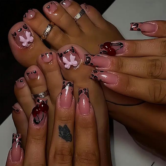 48Pcs Square Press on Nails Medium & Press on Toenails Set, Leopard Print French Tip Press on Nails Pink Fake Nails 3D Bow Press on Toe Nails for Women Manicure Kit