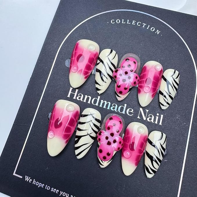 100% Handmade Press on Nails Medium Almond Handmade Nails with Rose Pink Flower Charm Design Glossy Ombre White Fake Nails Zebra-stripe Nail Press ons Reusable Spring Summer Nails for Women L 10Pcs
