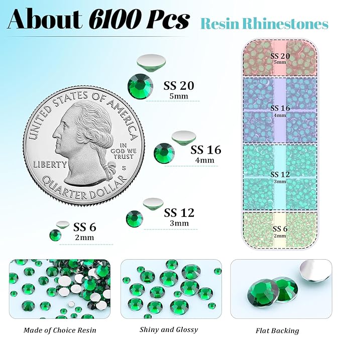 6100Pcs Resin Rhinestones for Crafting with 2Pcs 10ml B7000 Jewelry Glue, 1 Box Flatback Crystals Diamond (Emerald Green) for Bedazzling Crafts DIY Nail Art Non Hotfix Gems for Clothing Shoes