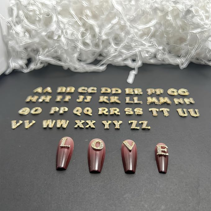 52 Pcs 3D Gold Nail Charms Letters Initial Charms for Nails Nail Letter Charms Alphabet Rhinestone Letter Nail Charms for Nail Art Design Decoration DIY Craft
