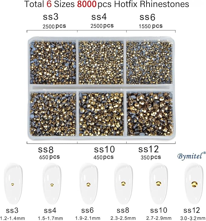 Bymitel Hotfix Crystal Rhinestones Round Gems for Crafts,Mixed 6 Sizes with Wax Pencil Kit, Aurum1.3-3.2mm(SS3-SS12/8000pcs)