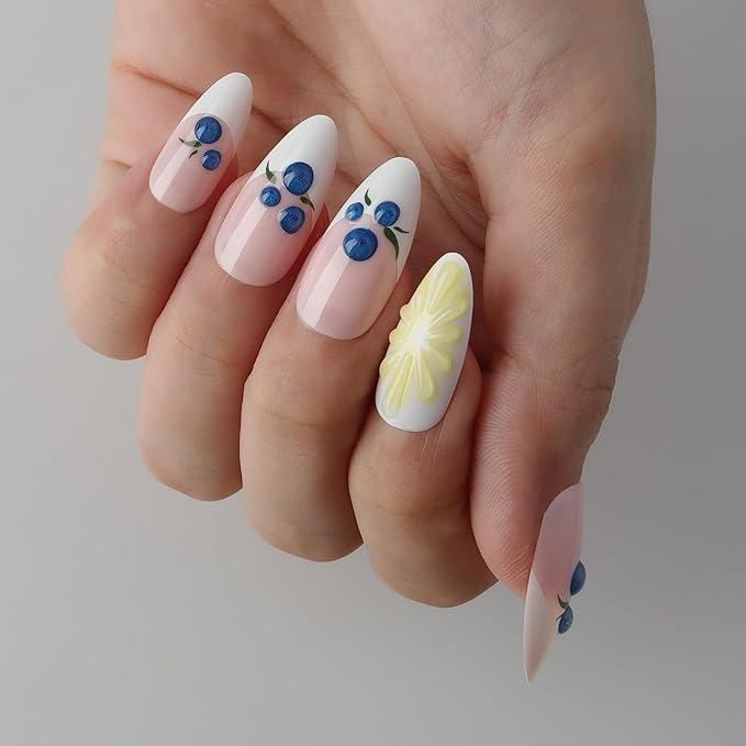 3D Blueberry Flowers Press On Nails Almond Medium, 3D Pattern Designer Reusable Acrylic Nails Press Ons, Fake Nails With Glue On, Daily Wear Floral False Nails For Women