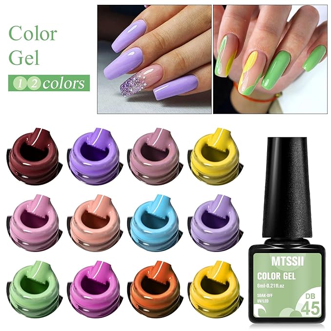 MTSSII Gel Nail Polish Set, 12PCS Macaron Pink Yellow Violet Gel Nail Polish Kit, Soak Off UV/LED Nail Polish Nail Art Design Salon Home Gifts for Women