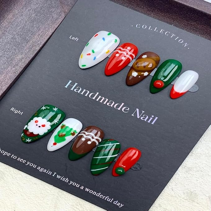 Handmade Press on Nails Medium Almond Handmade Nails with Christmas Tree Design Christmas False Nails Colorful Polka Dot Stripe Nail Press ons Reusable Holiday Fake Nails for Women Size M 10Pcs