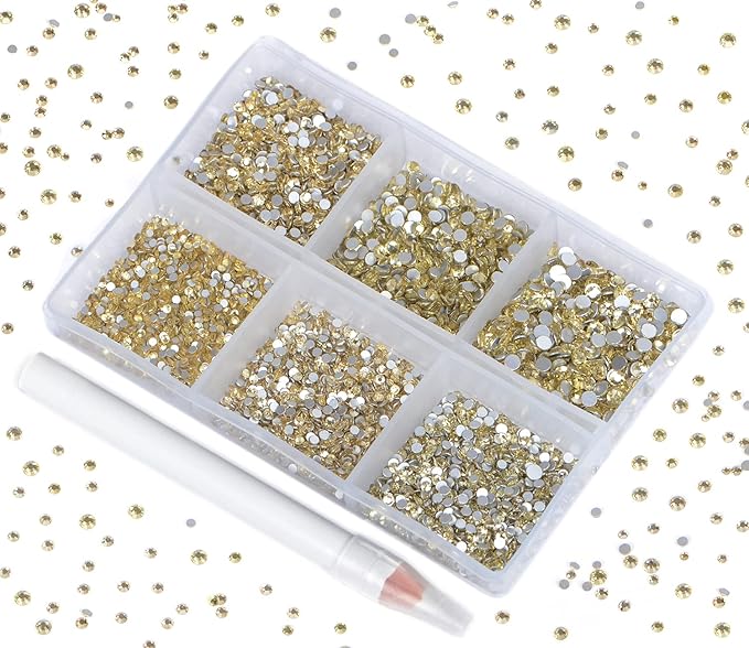 Bymitel 7200 Pieces 6 Mixed Sizes Glue Fix on Glass Rhinestones Round Crystal Gems Flatback for DIY Jewelry Making with one Picking Pen (6-Sizes 7200PCS, Jonquil)