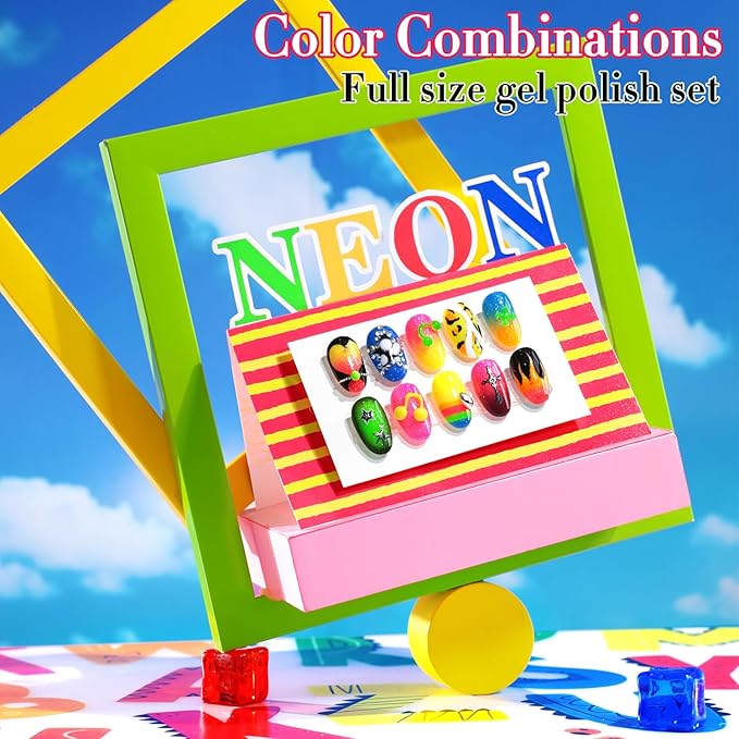 Double Rhythm 6 Pcs 15 ML Glitter Gel Polish Set Same Color Same Bottle Soak Off Gel Polish Kit Nail Art Manicure Salon DIY at Home (Shimmer Neon Yellow Orange Green Blue Pink-T6-86)