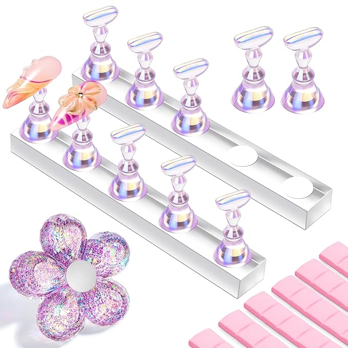 Makartt Nail Stand: Purple Nail Holder for Painting Nails DIY, Magnetic Press on Stand for Art Display Practice, Purple Glitter Flower Fake Holder for Home Salon with Reusable Adhesive Putty