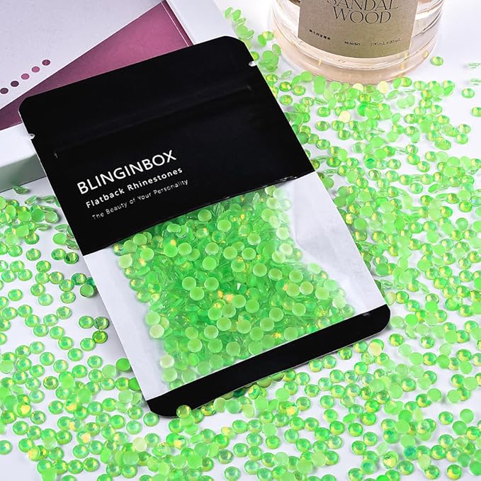 Blinginbox Flatback Rhinestones Round Gems, 1440pcs Luminous Series Glass Stones Neon Gems Non Hotfix Crystal Rhinestones for Nail Charms Crafts Clothes Tumblers,Lime Neon Opal,SS6.
