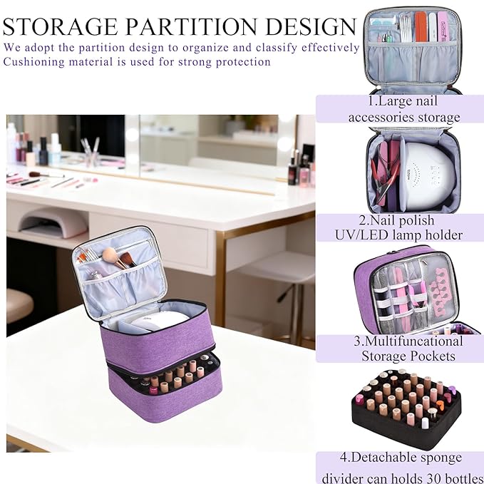 Nail Polish Organizer, Nail Polish Storage Holds 30 Bottles & Nail Lamp, Double Layer Nail Bag Organizer Case, Portable Nail Polish Holder for Nail Tech Travel & Manicure Kit