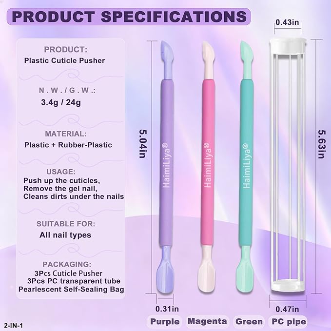 3Pcs Plastic Cuticle Pusher, Dual-end Dead Skin Nail Pusher Nail Dirt Cleaner Tool Gel Polish Remover Tool, Gentle Plastic Pusher, Manicure Tool