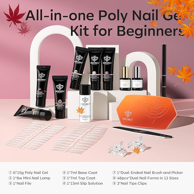 modelones Poly Extension Gel Nail Kit 6 Colors with 8 W Nail Lamp Brown Red Gel Kit Nude Glitter Complete Starter Tools for Beginner DIY at Home for Women