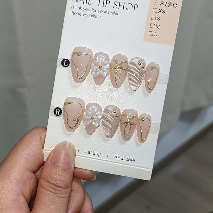10Pcs Short Almond Oval Press On Nails With Tools,Nude Pink Fake Nails with 3D Flowers & Cat Eye Designs,Glitter Gold Edge Glue on Nails, Glossy Handmade Acrylic False Nails for Daily Party(L)