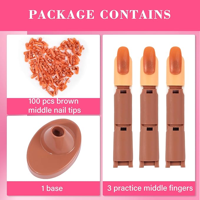 Adjustable Fake Mannequin Fingers - 3PCS Training Set With Acrylic Base and 100PCS Brown Nail Tips - Movable & Flexible For Nail Art Practice