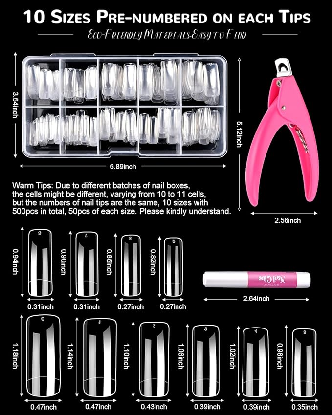 MORGLES 500 Pcs Clear Acrylic Nail Tips Square Full Cover with Nail Clipper Files and Glues Cuticle Fork for Home DIY with Box