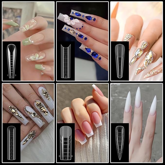 288Pcs Polygel Nail Form Kit 12 Style 12 Sizes Reusable Nail Extension Mold Dual Forms with 6Pcs Nail Clips, Nail Slip Solution, Brush Pen, Nail File & Cuticle Pusher for Beginners