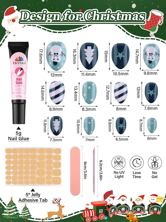 Christmas Press on Nails Kid, EBANKU 24Pcs Almond Fake Nails Kit Full Cover Blue Snowman Cute Design Acrylic Nails with Nail Glue Nail Adhesive for Girl