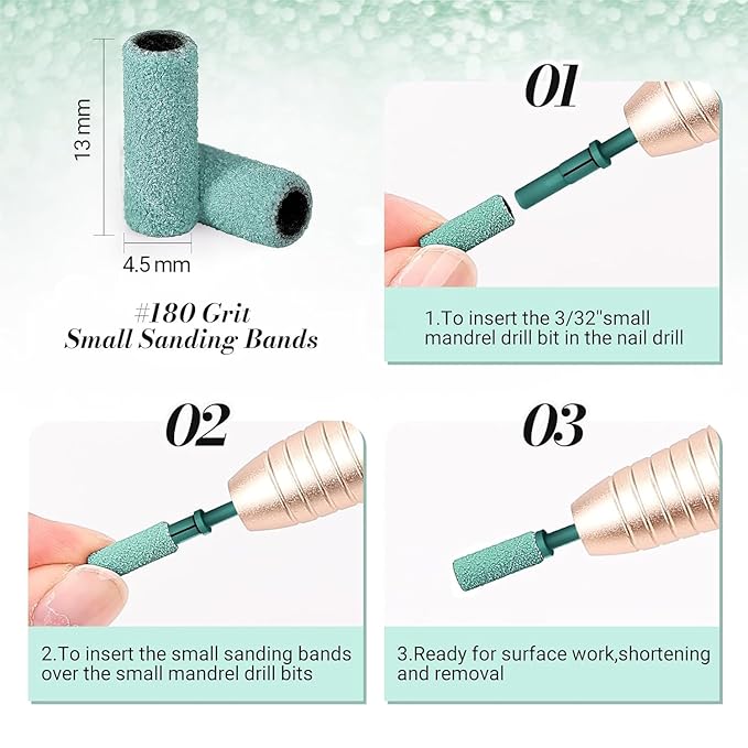 MelodySusie 120 Pcs Nail Drill Bits Small Sanding Bands for 3.1mm Mandrel Bit, 180 Fine Grit Nail File for Acrylic Nails Gel Manicures and Pedicure, Dark Green (Only Sanding Bands)