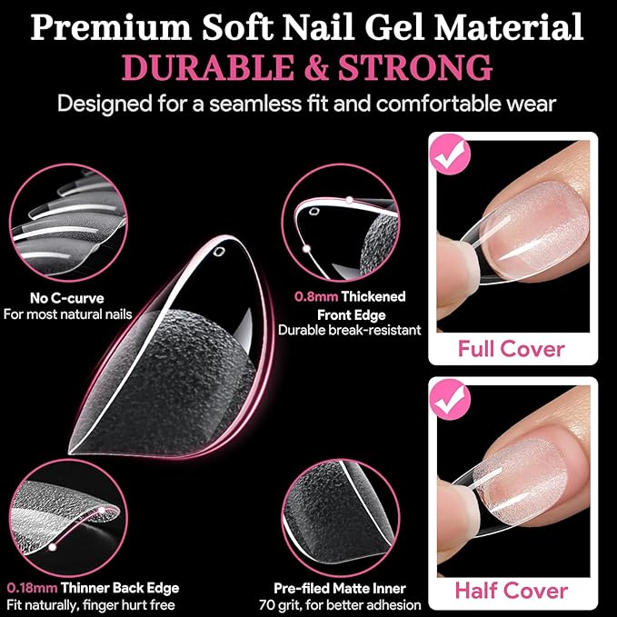 Short Almond Nail Tips - 15 Sizes 240 PCS Half Matte Full Cover Clear Fake Nails Pre-shaped Press On False Nail Tips Acrylic Soft Nail Gel Tips No C Curve Extension Manicure Home DIY Gelly Tips