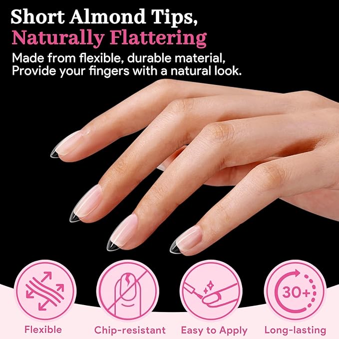Short Almond Nail Tips - 15 Sizes 240 PCS Half Matte Full Cover Clear Fake Nails Pre-shaped Press On False Nail Tips Acrylic Soft Nail Gel Tips No C Curve Extension Manicure Home DIY Gelly Tips