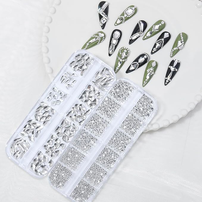 Nail Rhinestones - 3D Multi Shape Size, Flat Back, Manicure Rhinestones Charms, Crystals White Gems, with Kit, for Nail Art, Bedazzling Acrylic Nails, DIY Decor