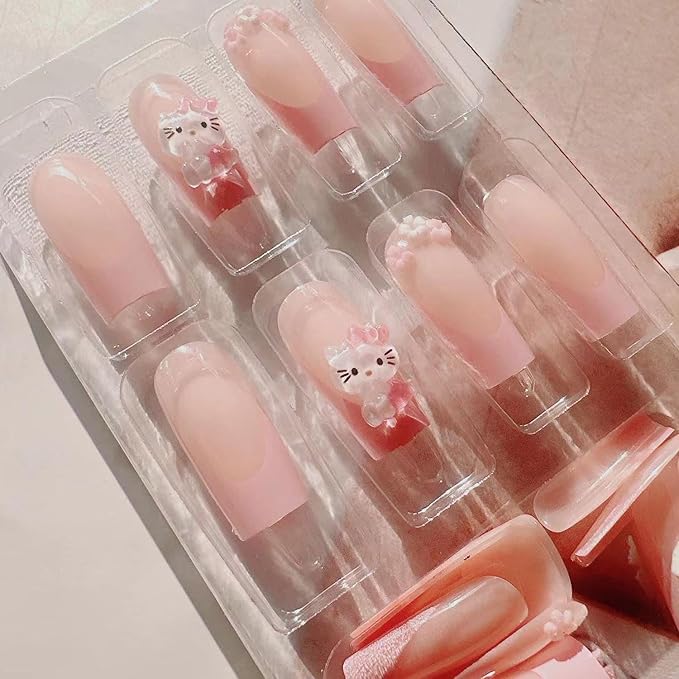 24Pcs French Tip Press on Nails Medium Pink False Nails with Bow Design,Cartoon Cute Nails Press ons Pink Stick on Nail Acrylic Nails Square False Nail for Women