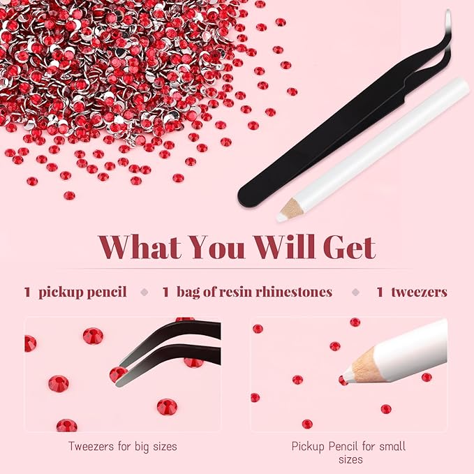 12000PCS 2mm Resin Rhinestones Bulk for Crafting (Red), Flatback Bedazzling Crystals for Crafts DIY Nail Decoration, Gems Charms for Tumbler Shoes Clothing Fabric with Pickup Pen and Tweezers