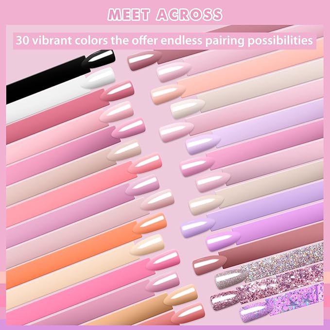 MEET ACROSS 30 Pcs Pink Gel Nail Polish Set, 30 Colors Gel Polish Nude Light Baby Pink Purple Glitter Soak off Uv Led Manicure Kit for DIY Manicure Gift for Women