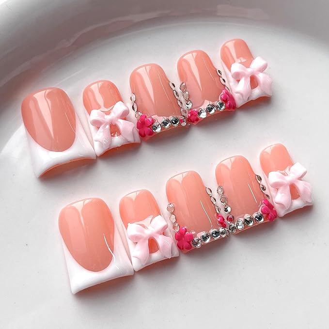 French Tip Press on Nails Handmade Short Duck 3D Floral Thick Acrylic Nails White False Nails with Bow Flower Rhinestones Designs Cute Glossy Fake Nail Sturdy Art Press on Nail 10Pcs(S)