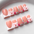 French Tip Press on Nails Handmade Short Duck 3D Floral Thick Acrylic Nails White False Nails with Bow Flower Rhinestones Designs Cute Glossy Fake Nail Sturdy Art Press on Nail 10Pcs(M)