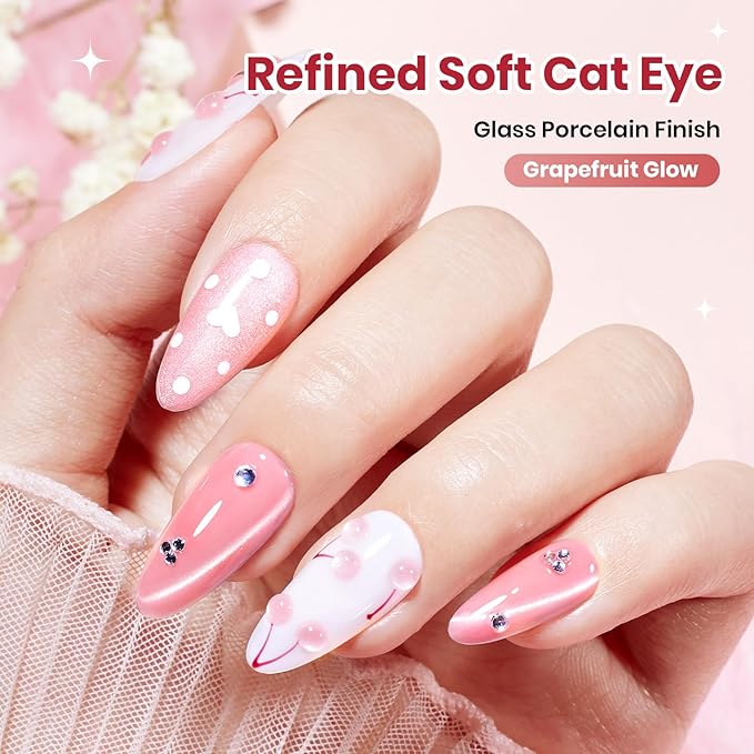 Beetles Grapefruit Glow Pink Cat Eye Gel Nail Polish - 15ML Spring Gel Polish Glitter Pink Cat Eye Magnetic Translucent Glassy Effect Soak Off UV French Nail Art Design DIY Manicure Gift for Women
