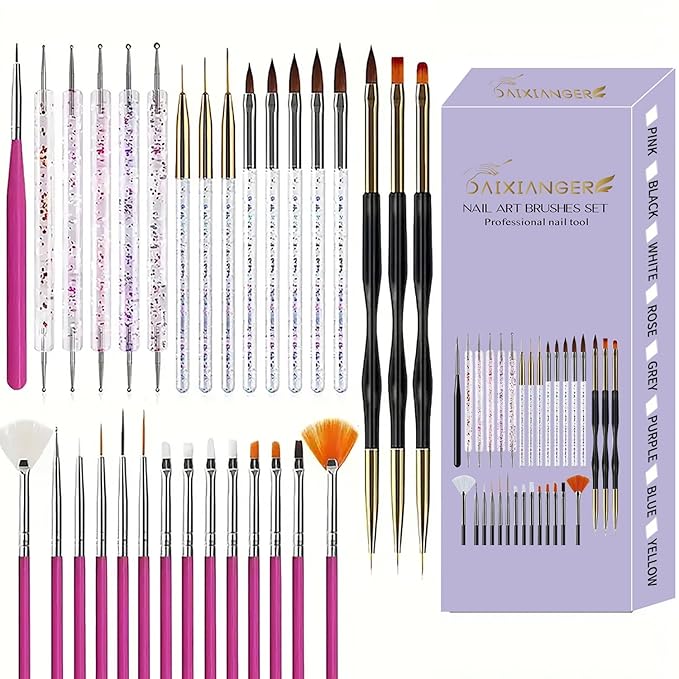 31 Pcs Nail Art Brush Set, Nail Art Tool Set with Liner, Dotting, Fan & Flat Nail Brushes Drawing Pen for Acrylic, Gel Polish, DIY Manicure at Home & Salon Design Supply-Hot Pink