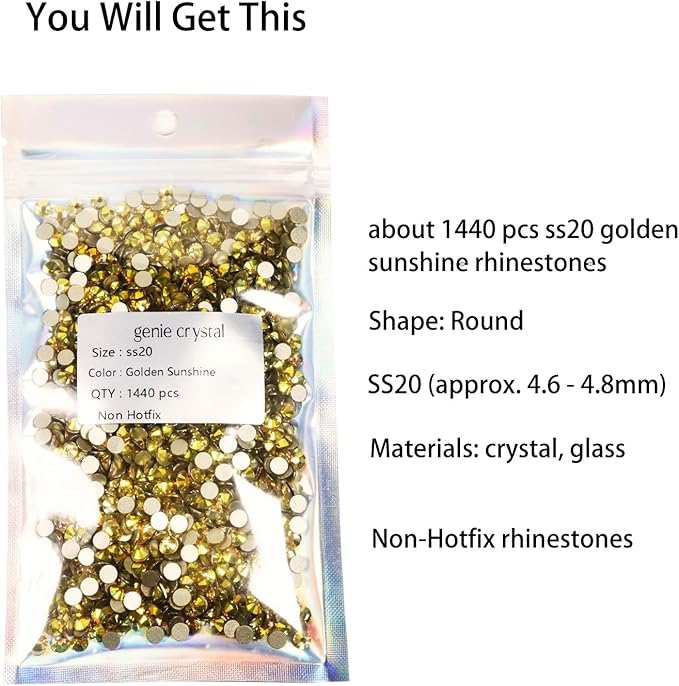 Genie Crystal ss20 Golden Sunshine Flatback Glass Rhinestones, 4.8mm 1440pcs Pack Diamond Cut Rhinestone for DIY Crafts,Tumblers,Shoes,Home Décor