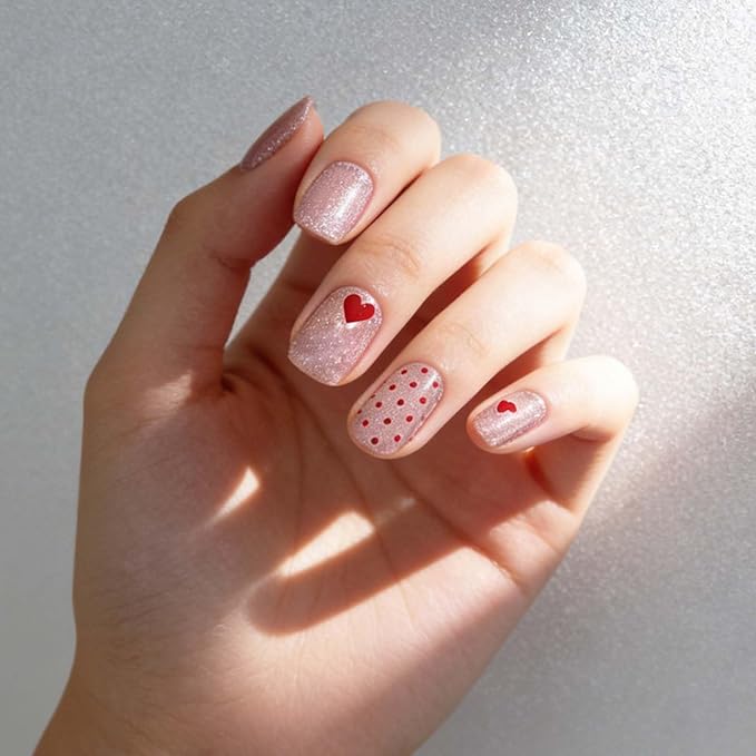 Semi Cured Gel Nail Strips - Red Hearts & Polka Dots with Pink Shimmering Base, At Home Nail Art, Romantic DIY Manicure Kit, Salon Quality Gel Nails
